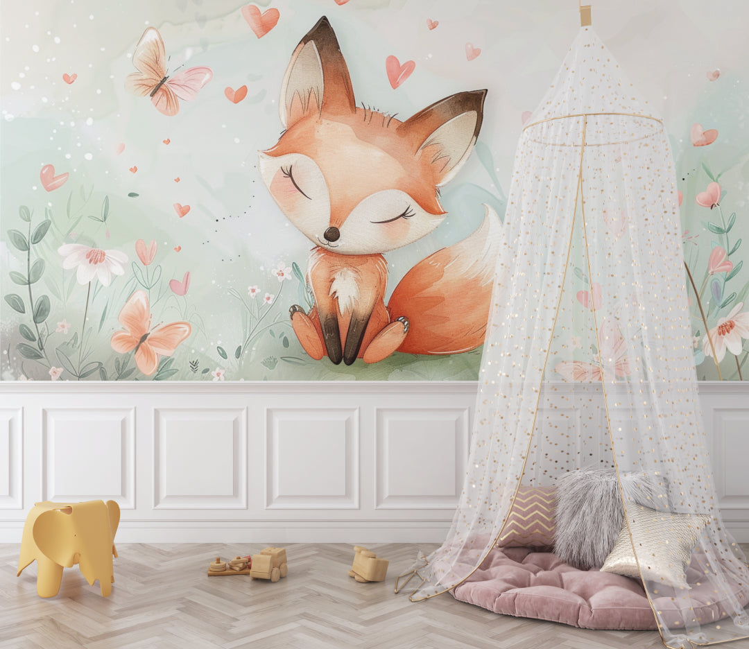 Fox and butterfly mural in a playroom setting with natural light