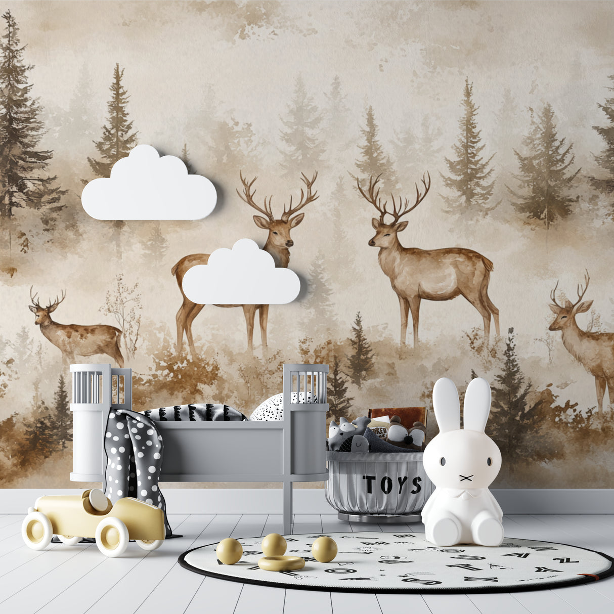 Deer forest wallpaper bringing woodland charm to a master bedroom with minimal furniture