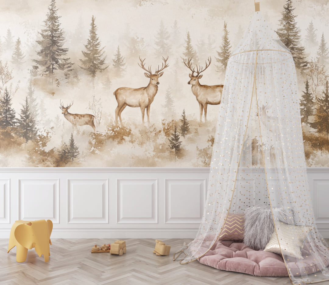 Watercolor deer wallpaper creating depth in a home office with wooden accents