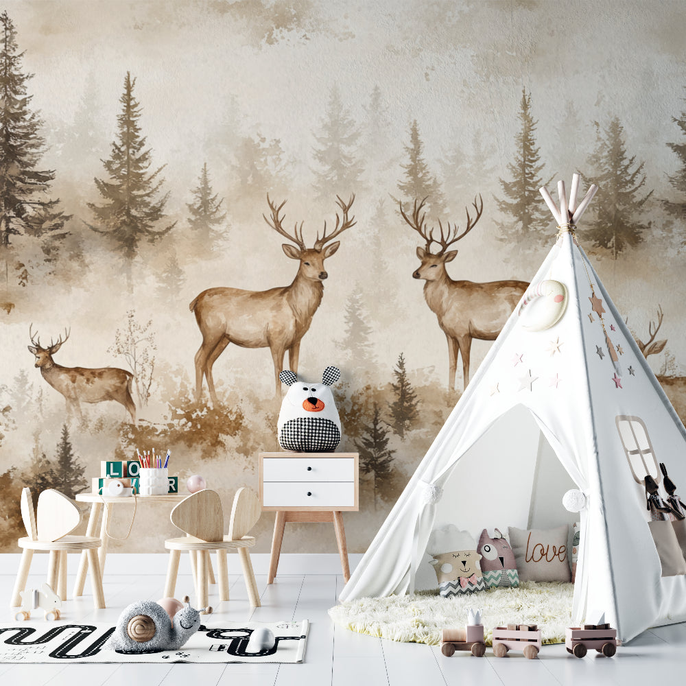 Forest mural wallpaper showcased in a nursery with gentle natural lighting