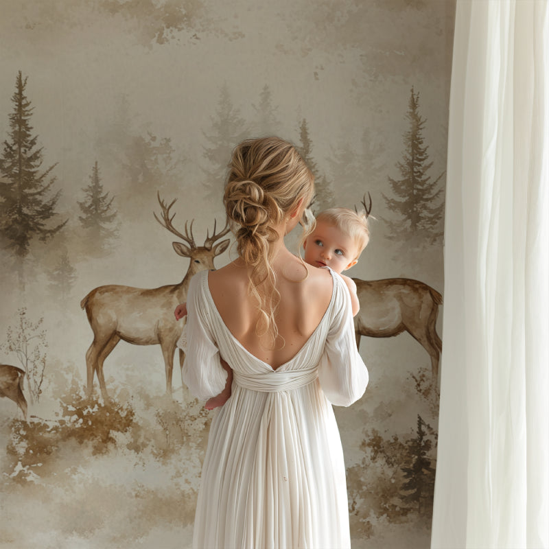 Woodland animals wallpaper displayed in a dining room with contemporary furniture