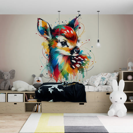 Watercolor deer wall mural creating a stunning focal point in a modern living room with minimal furniture