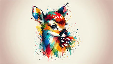 Forest animals wallpaper design file showing vibrant watercolor deer artwork with artistic color splashes