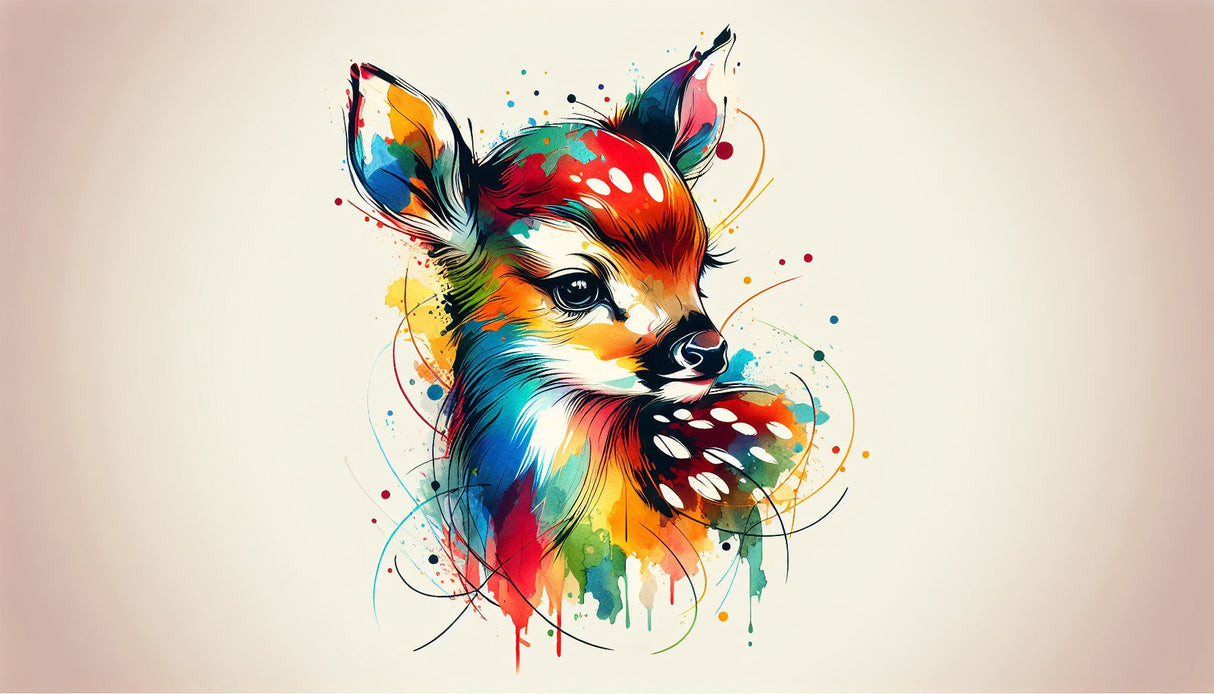 Forest animals wallpaper design file showing vibrant watercolor deer artwork with artistic color splashes