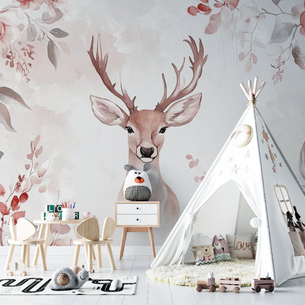 Deer Wallpaper Mural styled in a modern nursery with blush accents and natural wood furniture