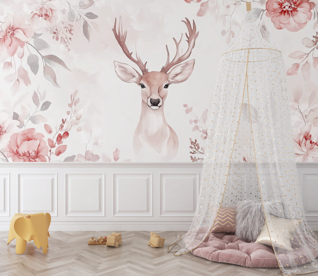 Watercolor Deer Mural styled in a cozy living room with neutral decor