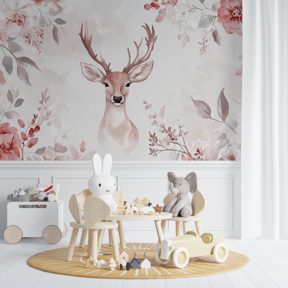 Deer and Flowers Wallpaper creating charm in a girl's bedroom