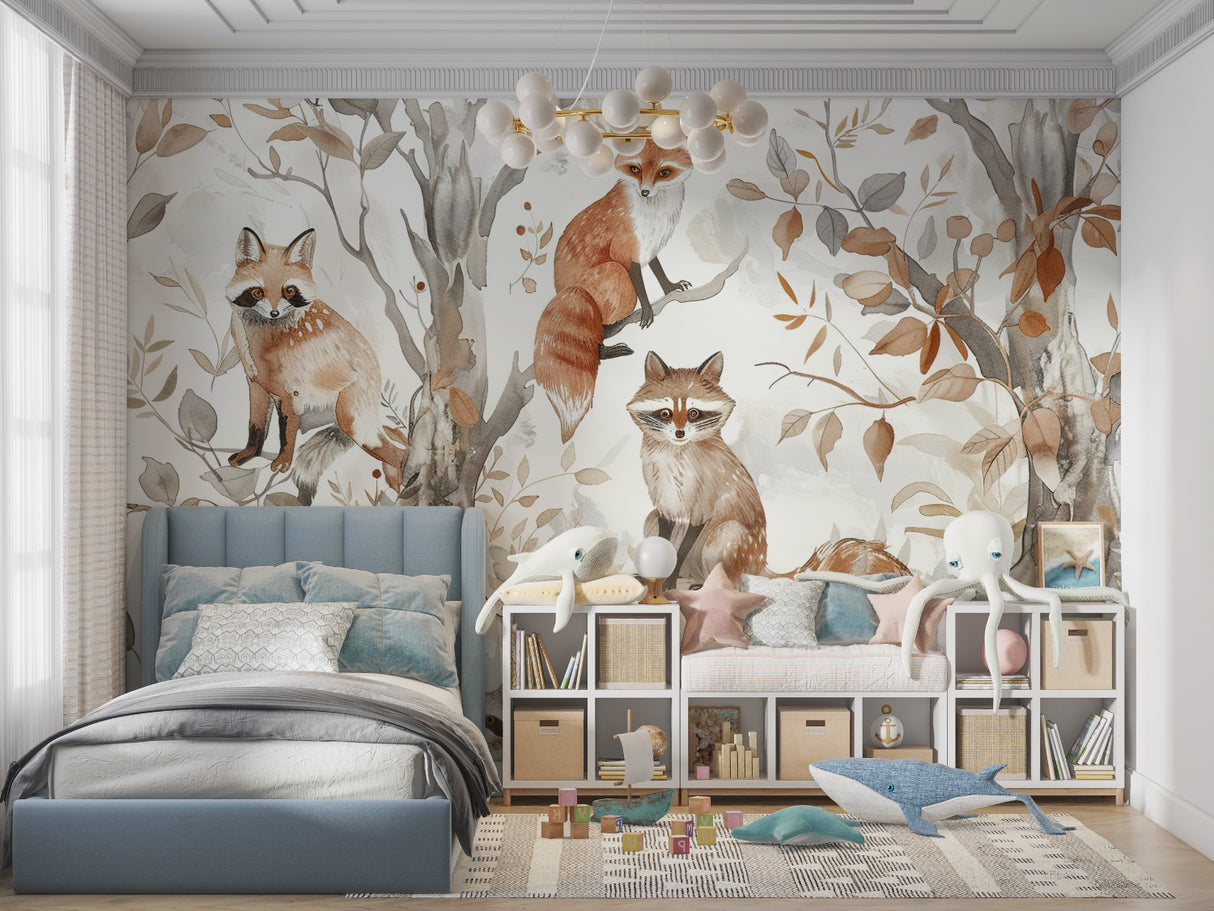 Forest animals wallpaper in modern nursery showing watercolor fox design with warm autumn colors