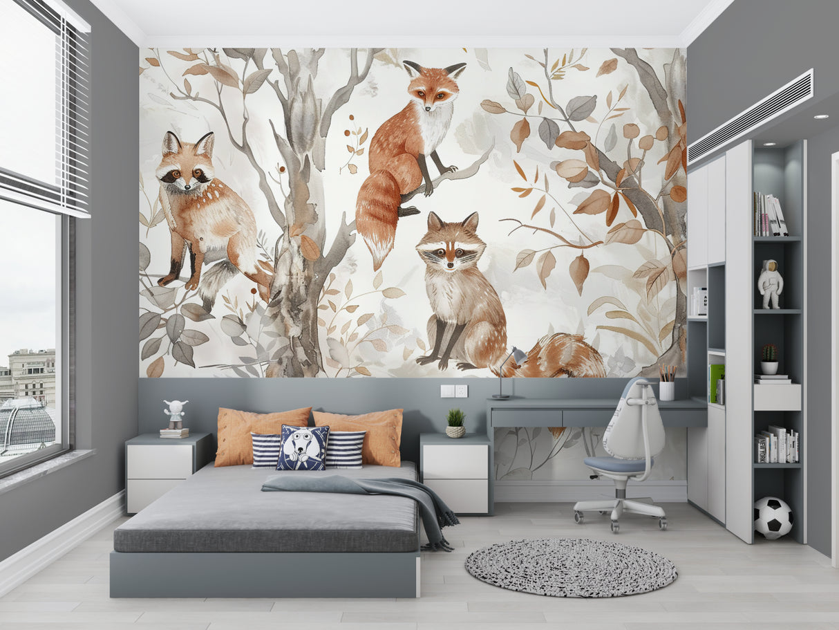 Woodland fox wallpaper creating cozy atmosphere in children's bedroom