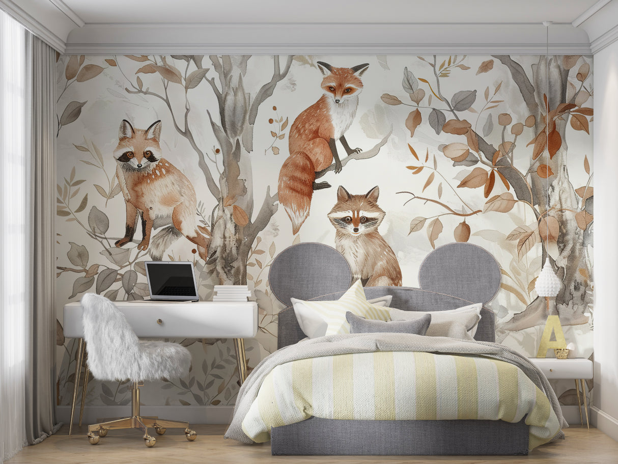 Forest theme wall mural featuring foxes and autumn leaves in playroom setting