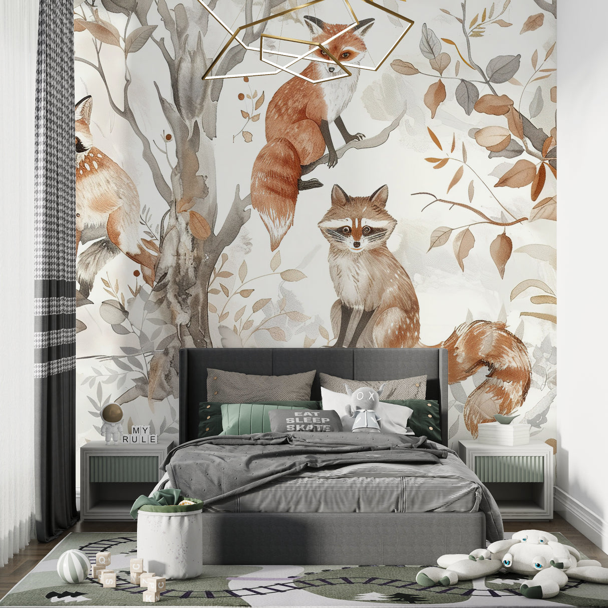 Watercolor fox wallpaper showcased in reading nook with natural lighting
