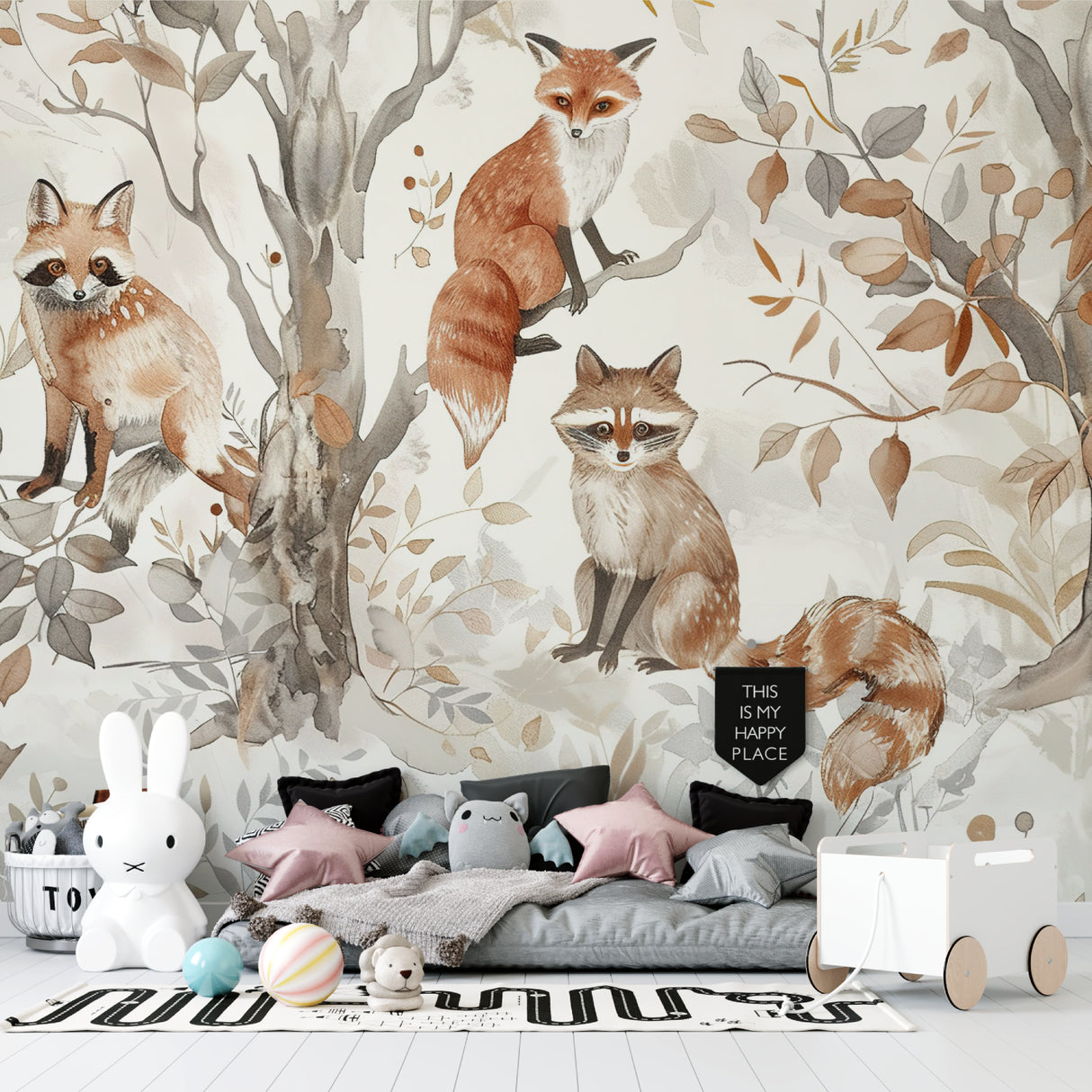 Fox mural wallpaper adding warmth to modern nursery design