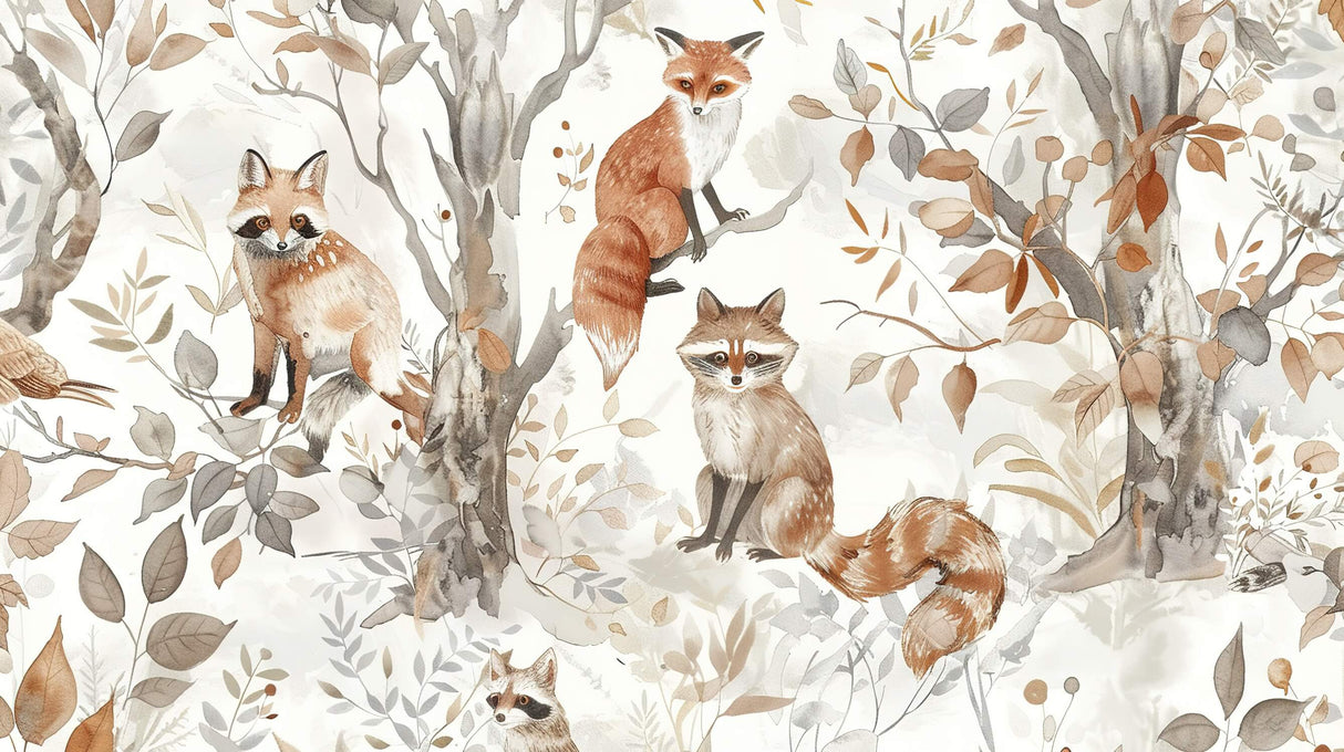 Design file of watercolor fox and autumn leaves pattern showing full mural detail