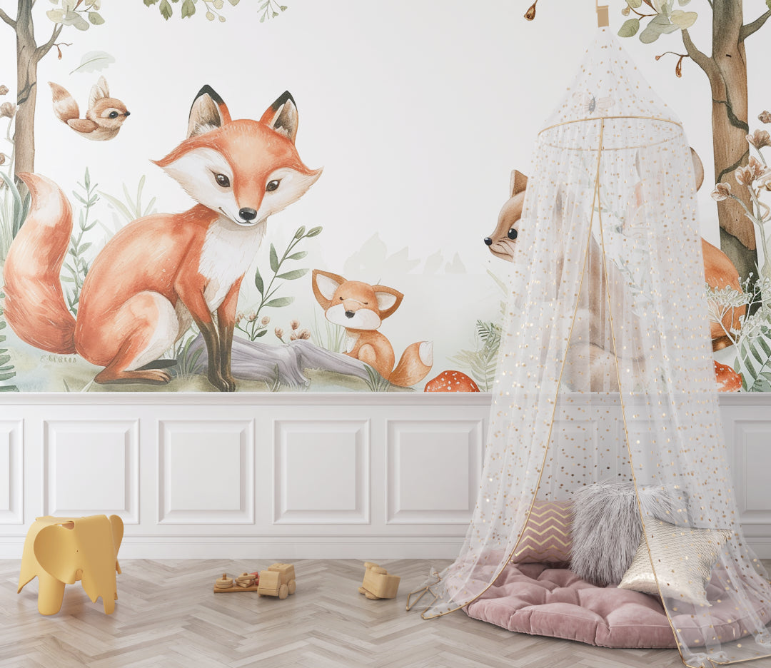 Woodland fox wallpaper featured in a children's reading nook with natural lighting