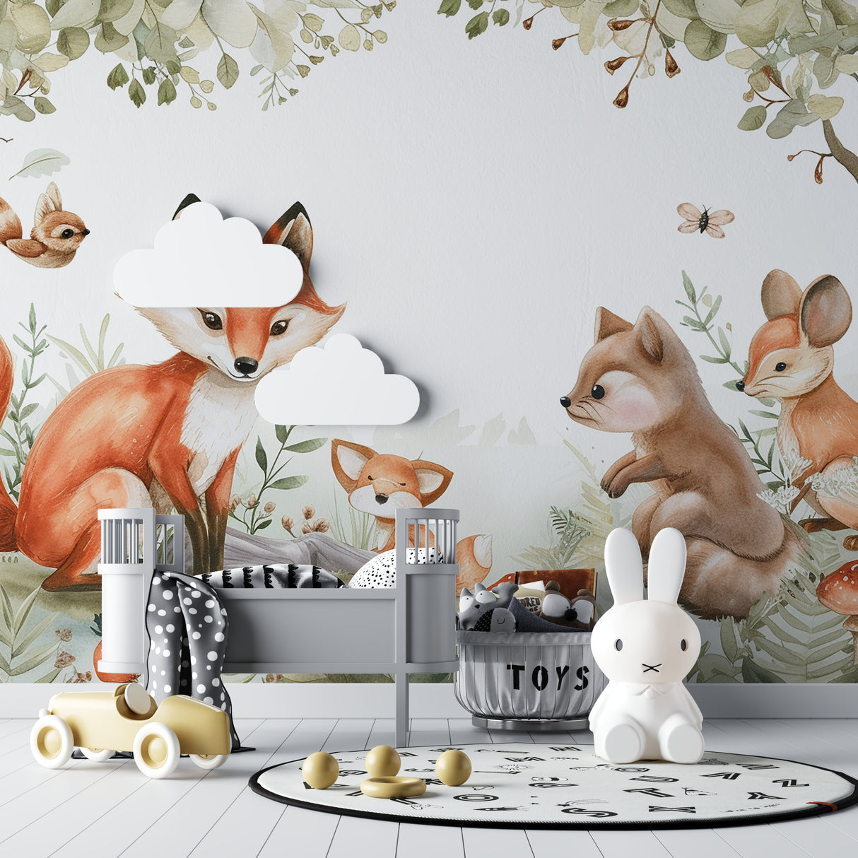 Fox family mural wallpaper in a Scandinavian-style playroom setting