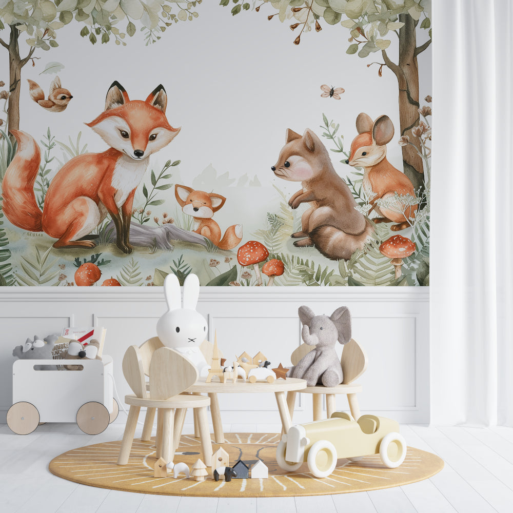Forest theme wallpaper bringing nature into a minimalist baby room
