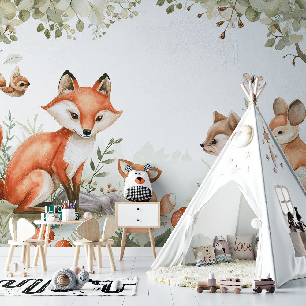Watercolor fox wallpaper displayed in a gender-neutral nursery space