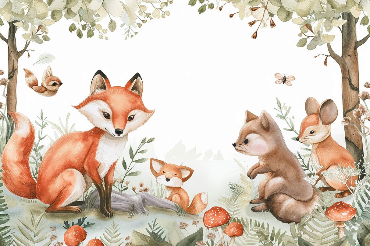 Design file showing watercolor fox family pattern with botanical elements