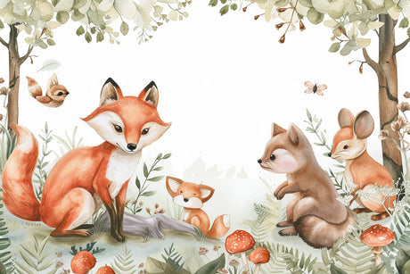Design file showing watercolor fox family pattern with botanical elements