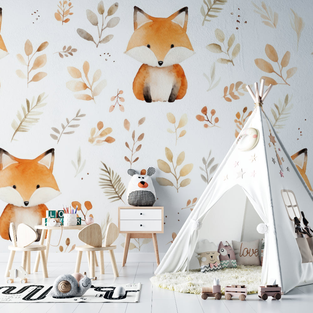 Forest animals wallpaper in a bright nursery with rocking chair and natural wood furniture