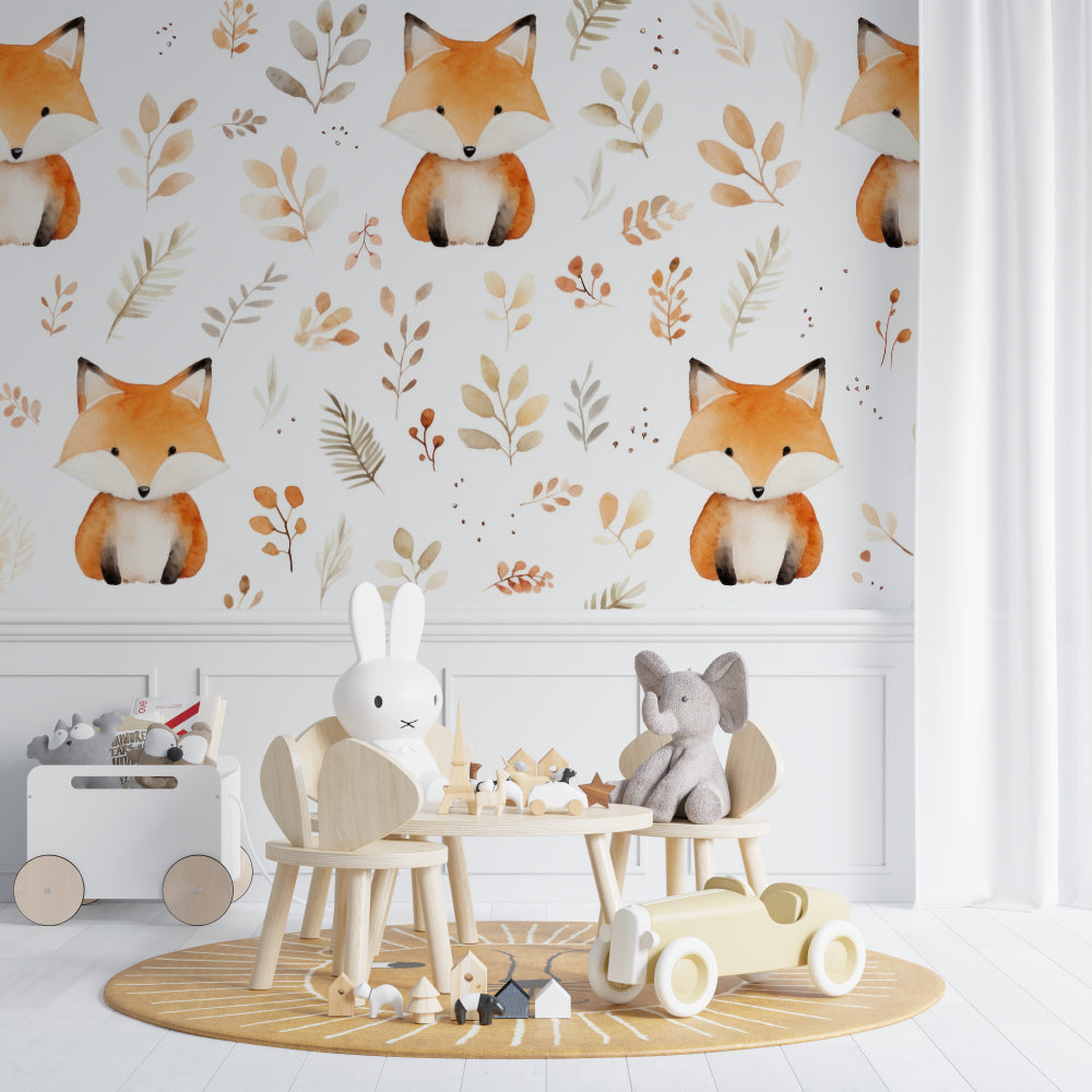 Woodland fox wallpaper creating a cozy reading nook in a children's bedroom