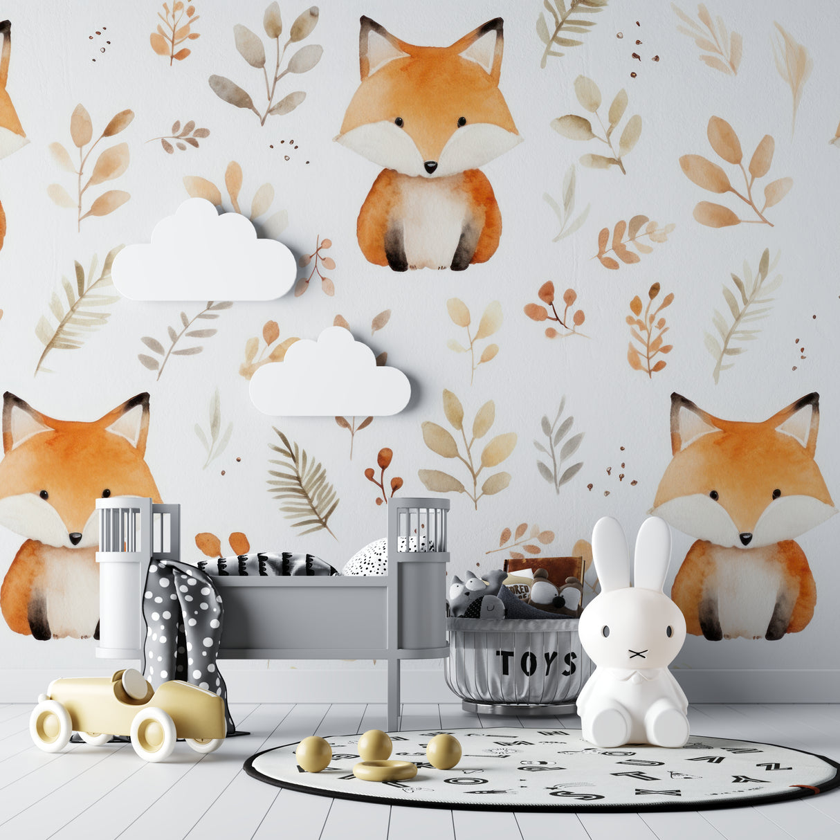 Fox nursery wallpaper displayed in a modern playroom with white furniture