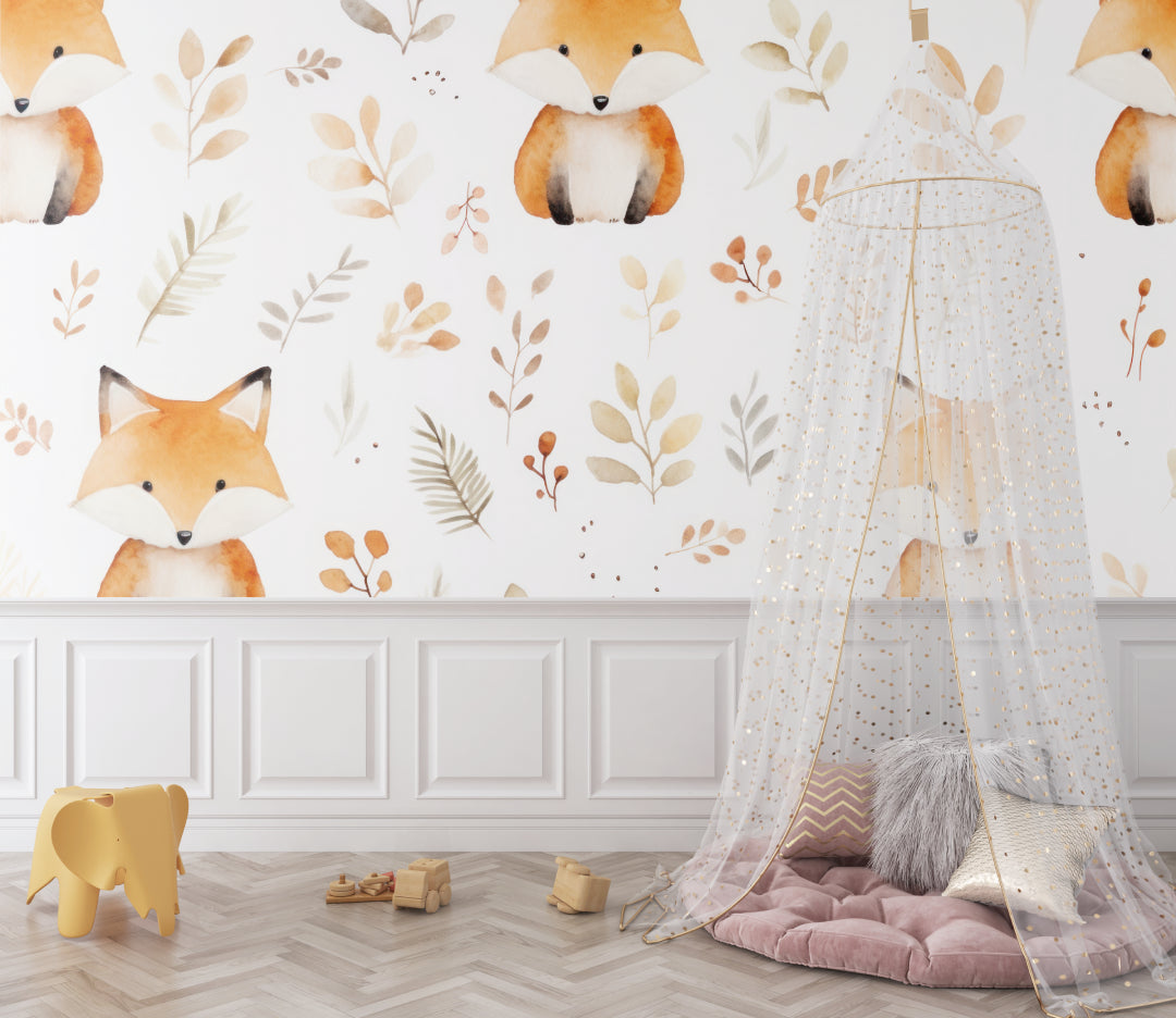 Woodland nursery wallpaper showcased in a Scandinavian-style kid's room