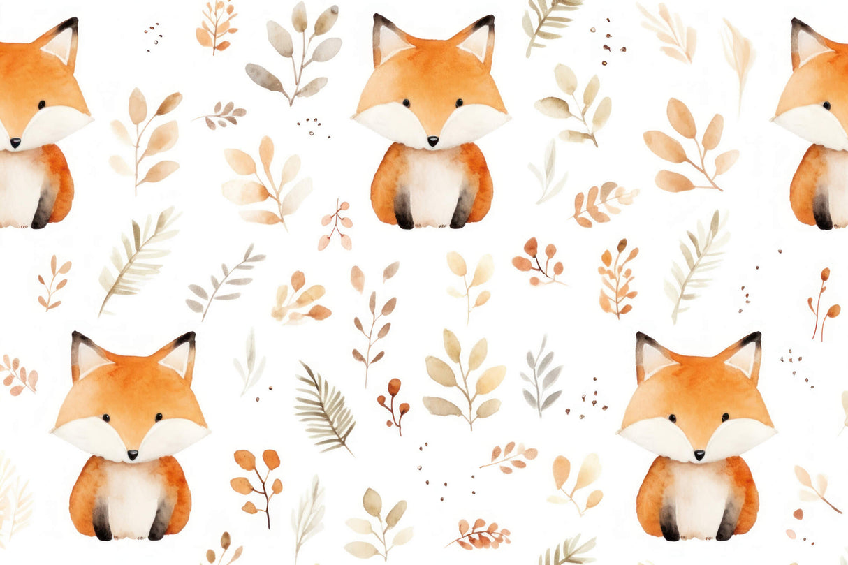 Forest animals wallpaper design file showing watercolor fox and botanical pattern