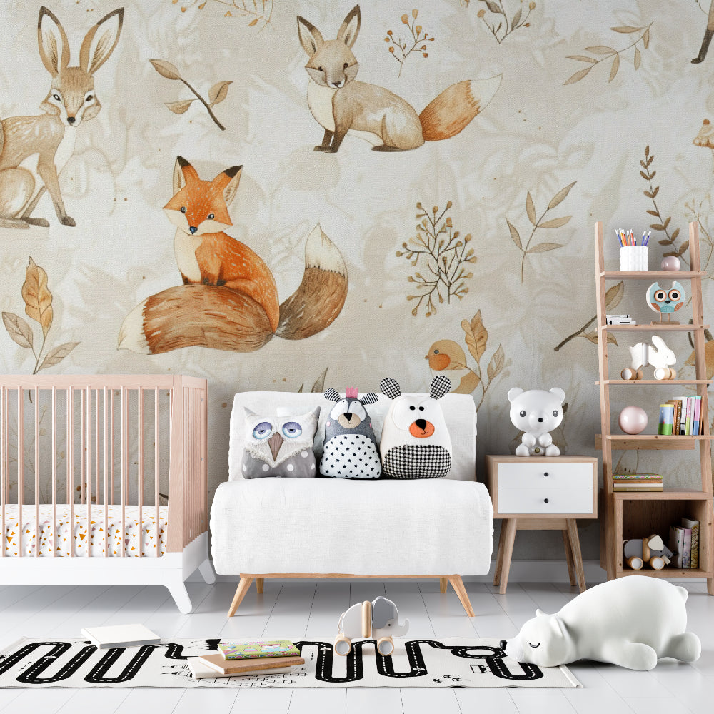 Forest Animals Wallpaper in cozy nursery with rocking chair and natural light