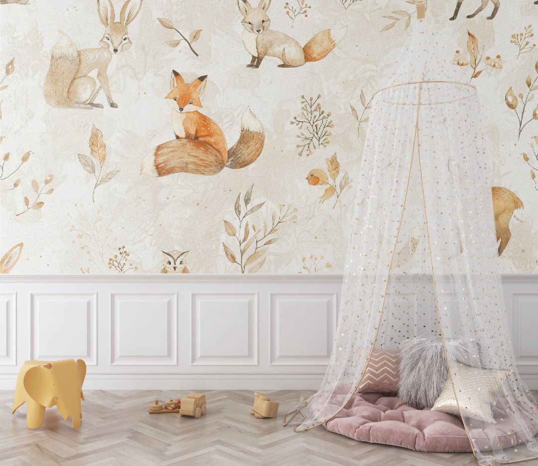 Fox and friends mural wallpaper in baby's nursery with white furniture