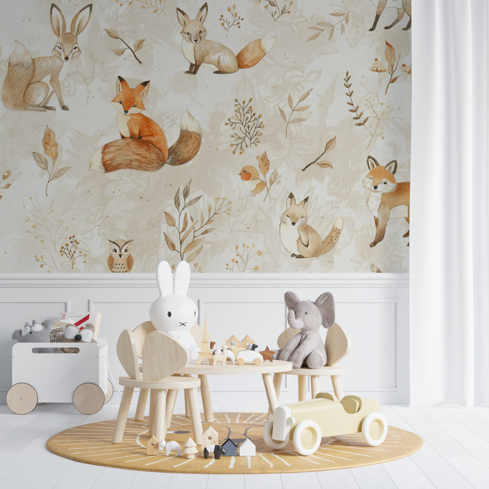 Watercolor woodland mural in reading nook with natural wood elements