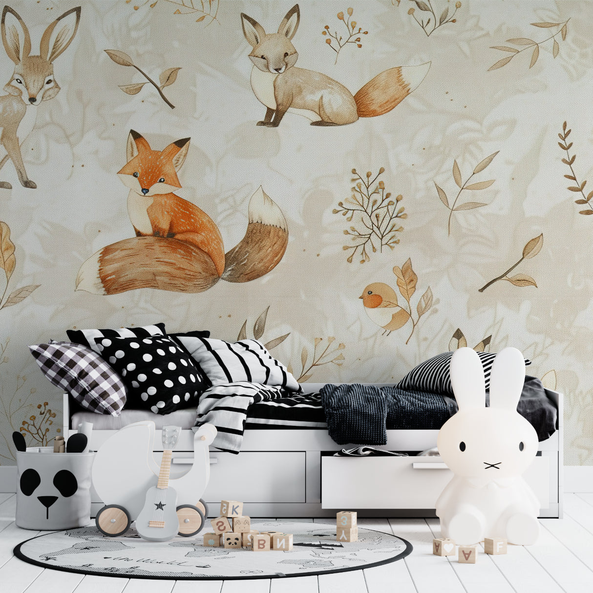 Forest animals wallpaper in bright nursery with white furniture and natural light