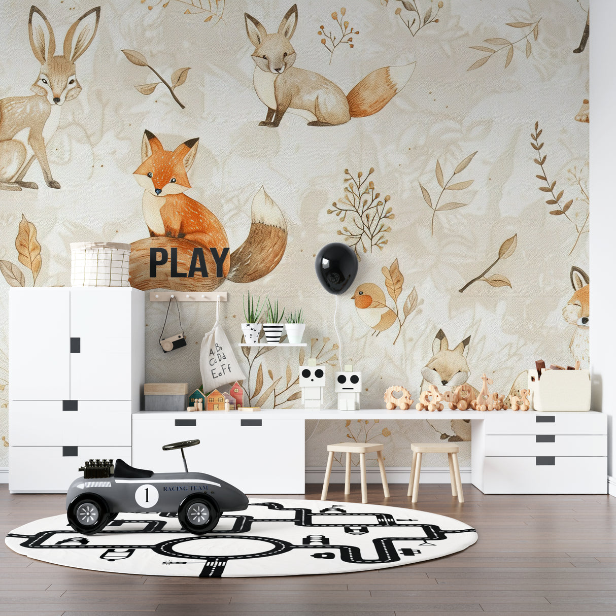 Fox and rabbit wallpaper in modern playroom with wooden toys