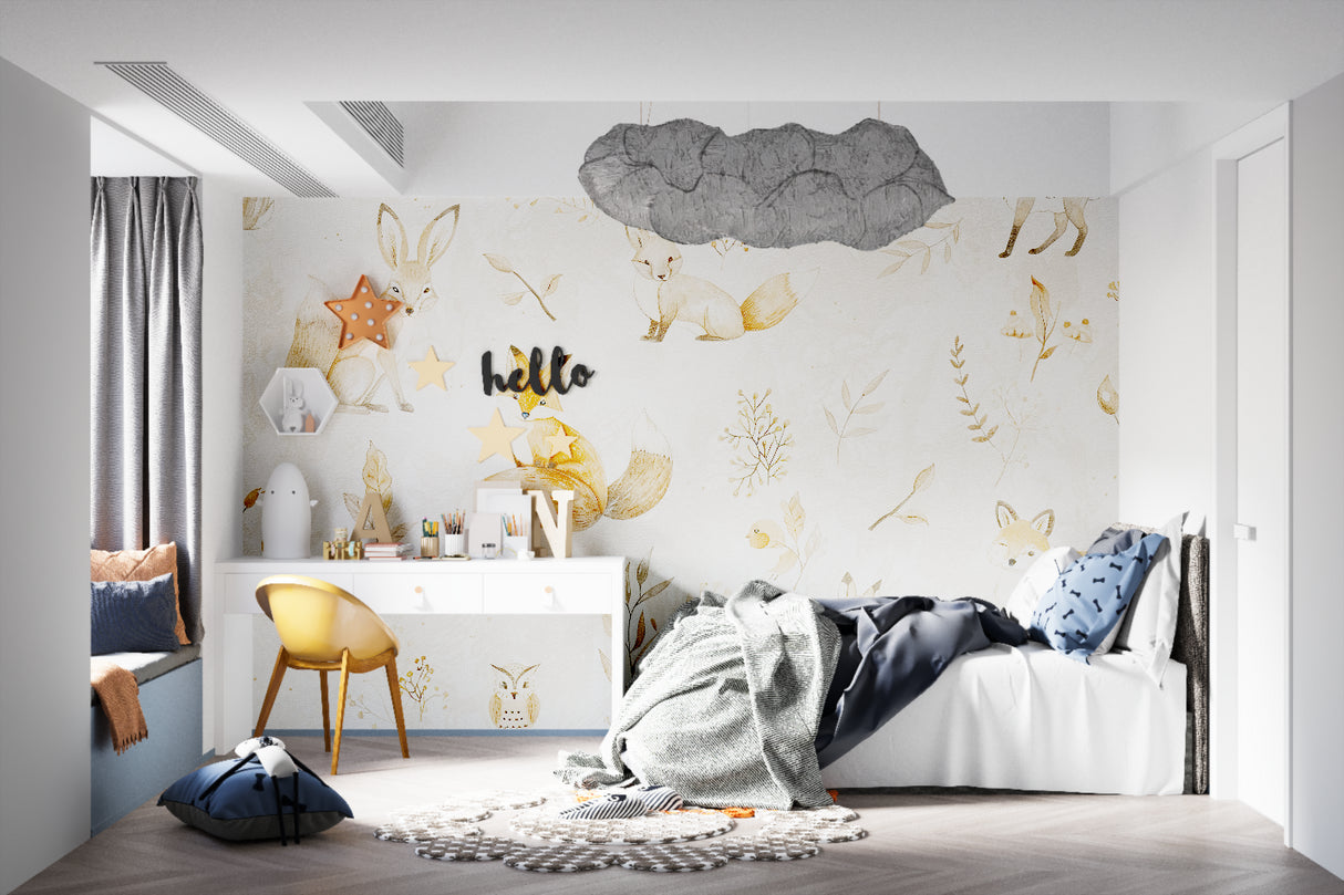 Woodland creatures mural in toddler bedroom with reading corner