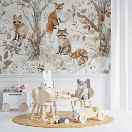 Forest Animals Wallpaper in modern Scandinavian nursery with wooden furniture