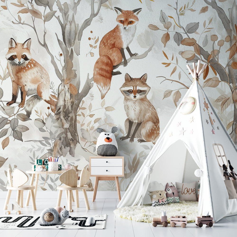 Woodland Animals Mural featured in cozy reading nook with natural lighting
