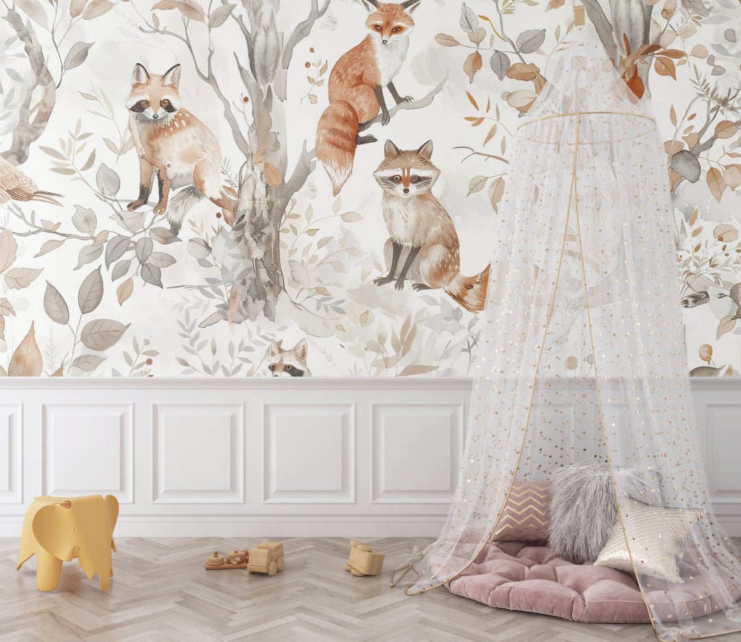 Watercolor Fox Wallpaper in minimalist children's bedroom setting