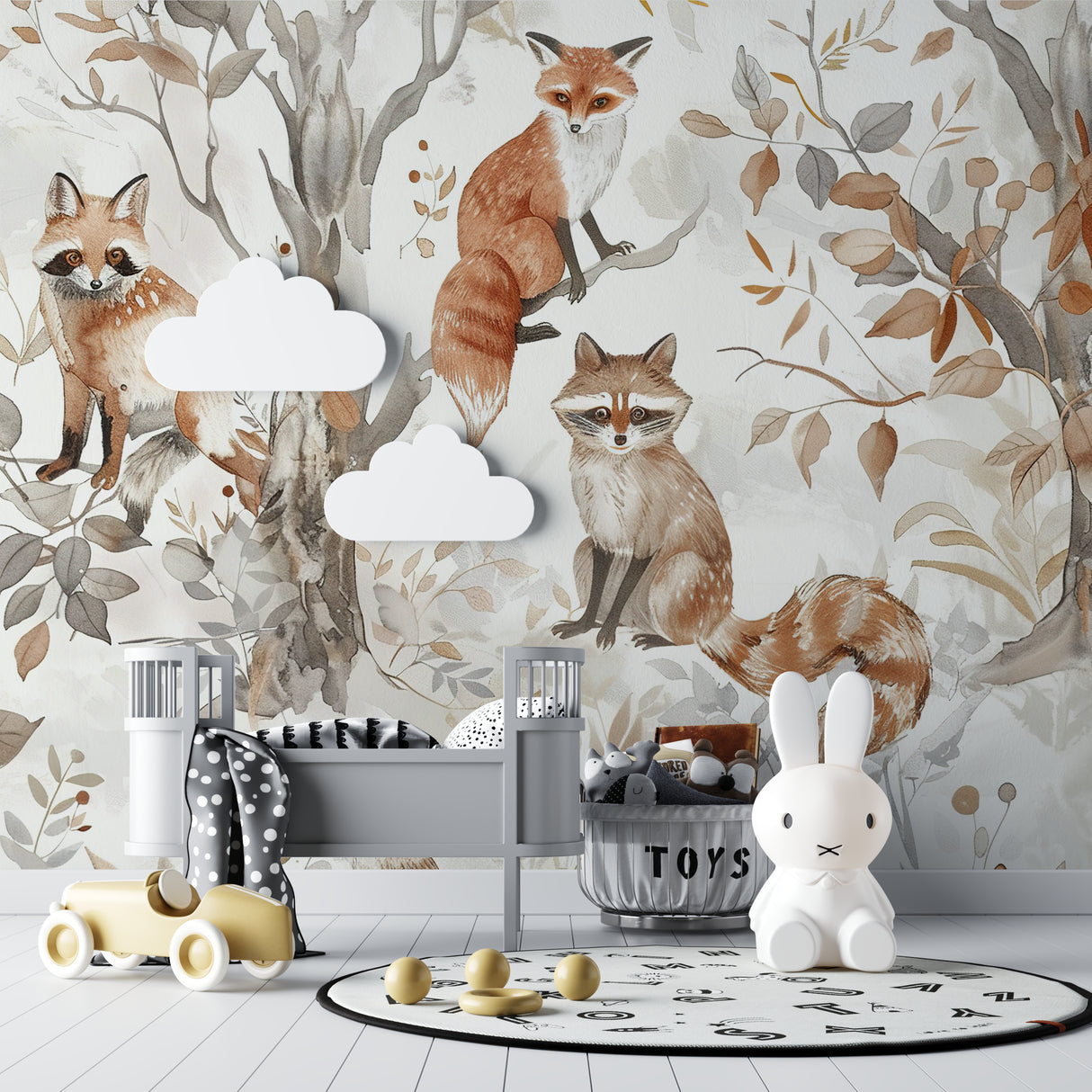 Forest Animals Wall Mural displayed in playroom with white furniture