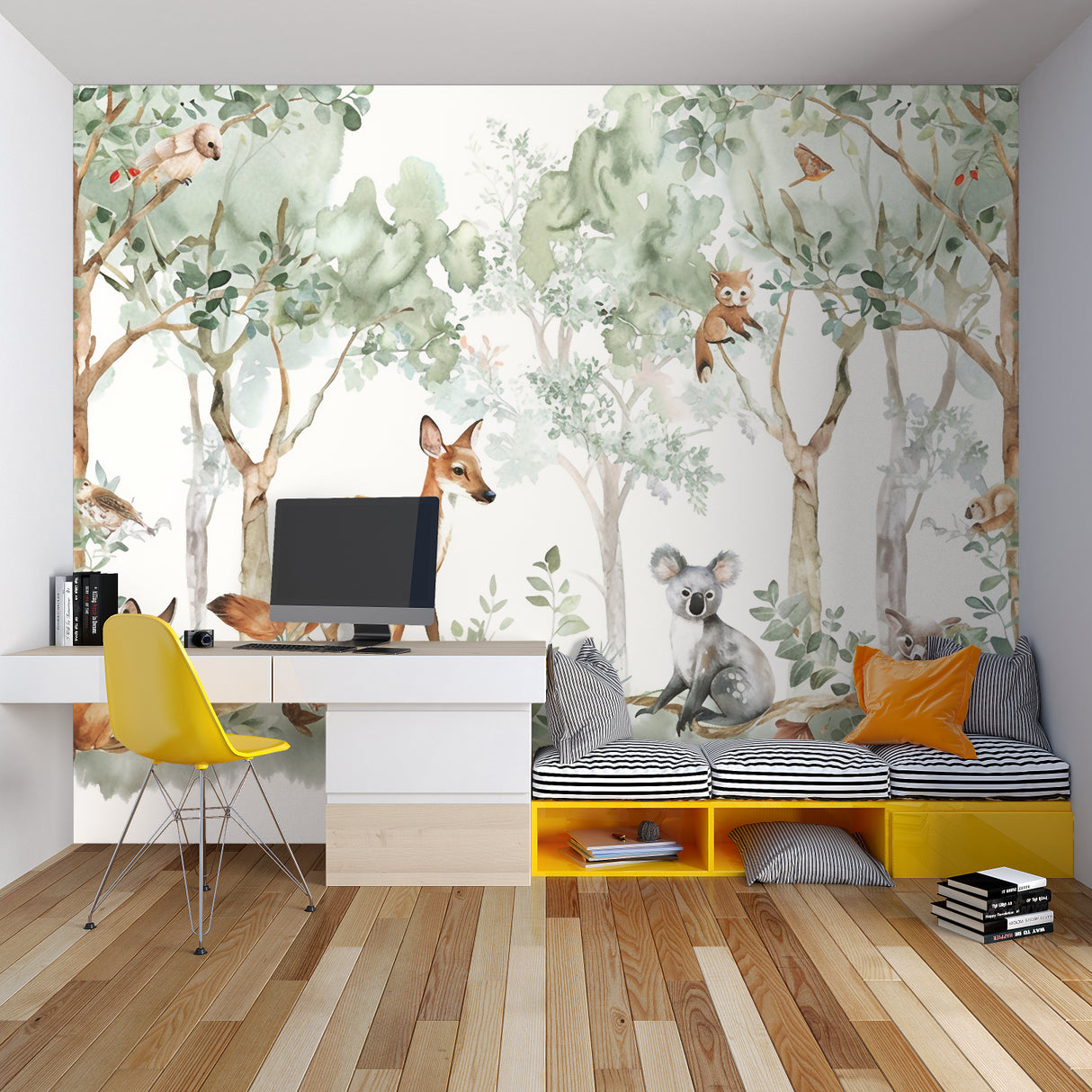 Forest animals wallpaper creating a cozy atmosphere in a modern nursery with natural light