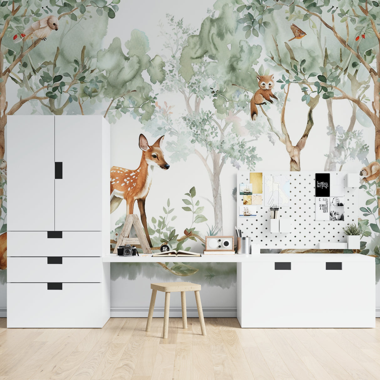 Woodland wildlife mural bringing nature into a child's reading corner with soft lighting