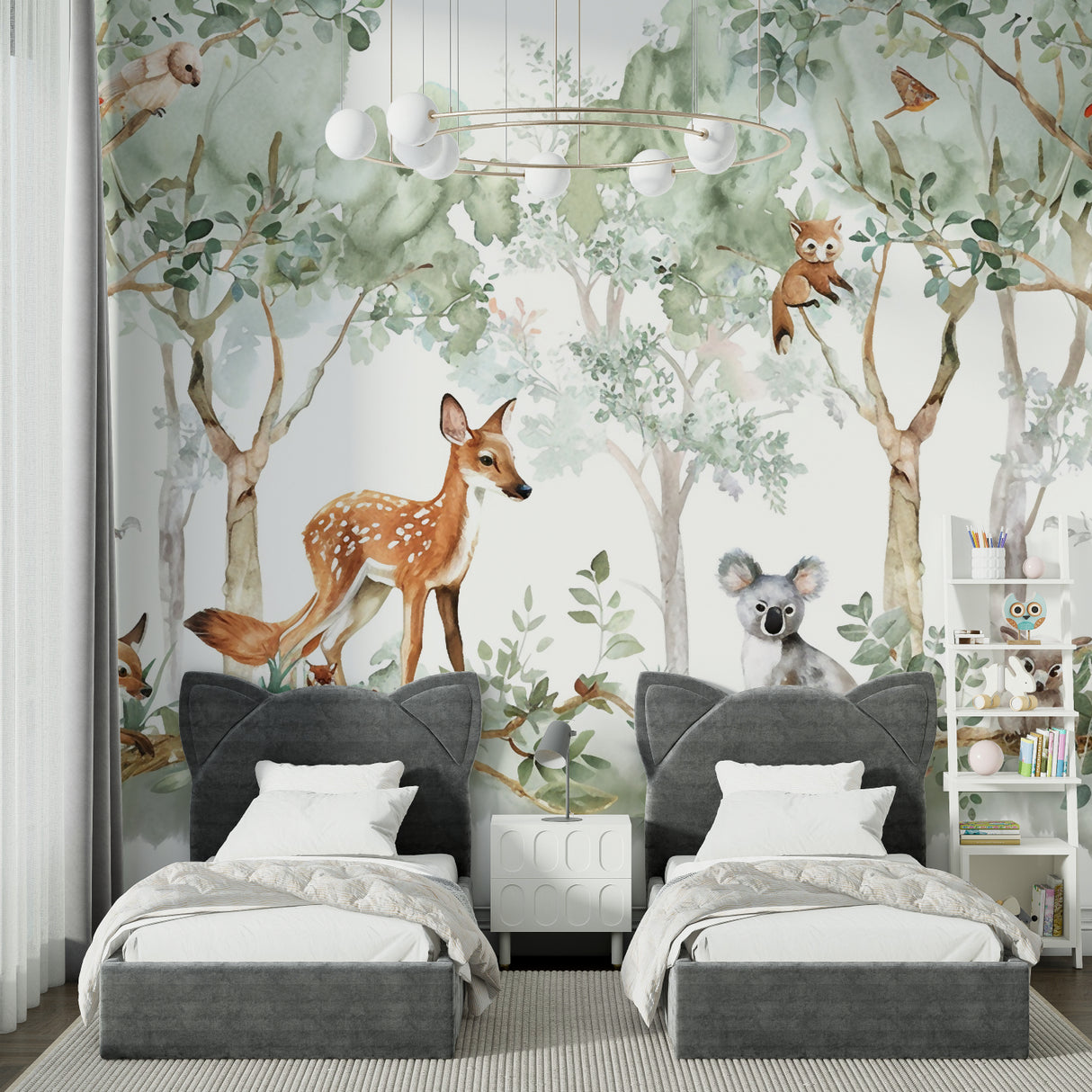 Forest wildlife wallpaper transforming a playroom into an enchanted woodland space