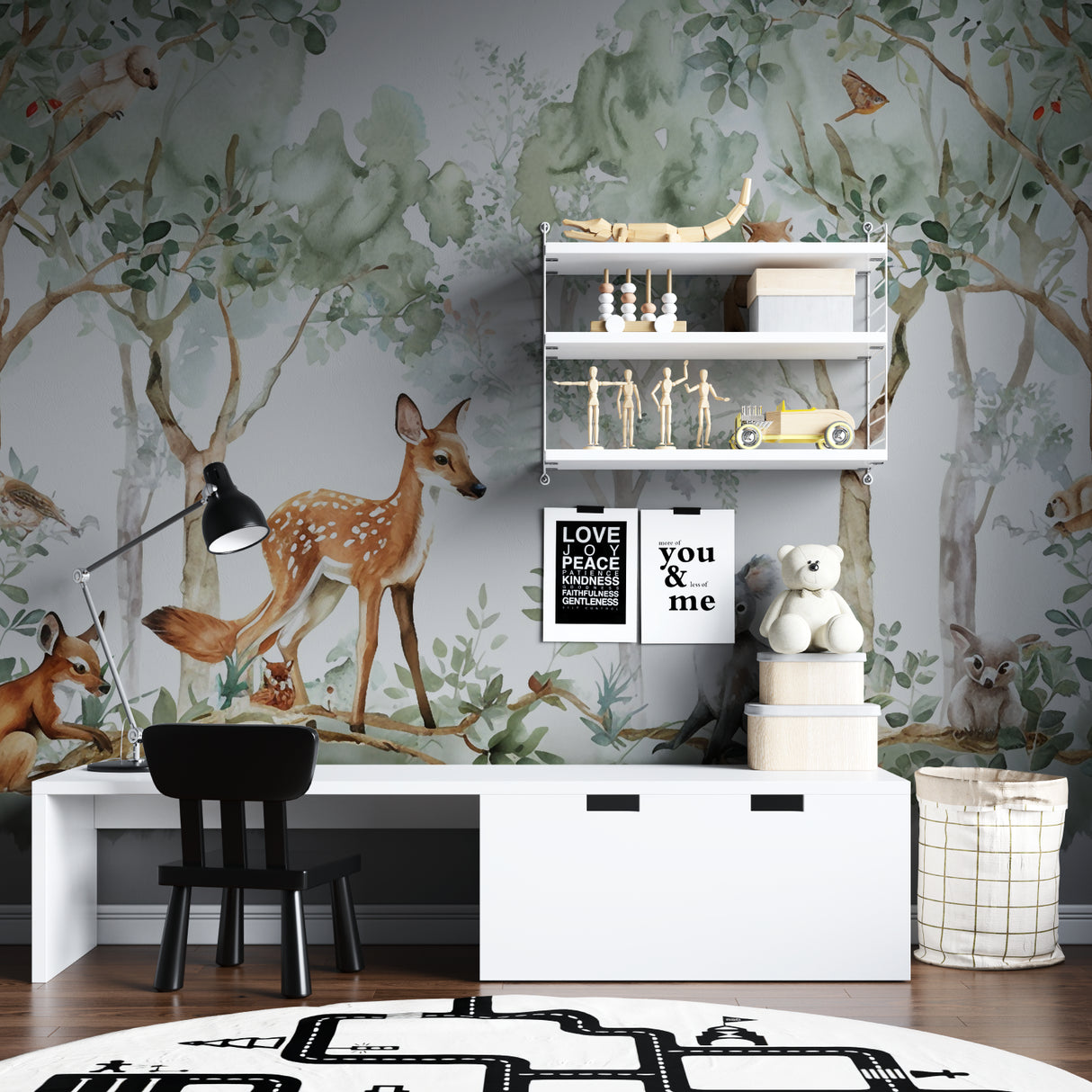 Watercolor forest animals mural adding charm to a baby's bedroom with white furniture