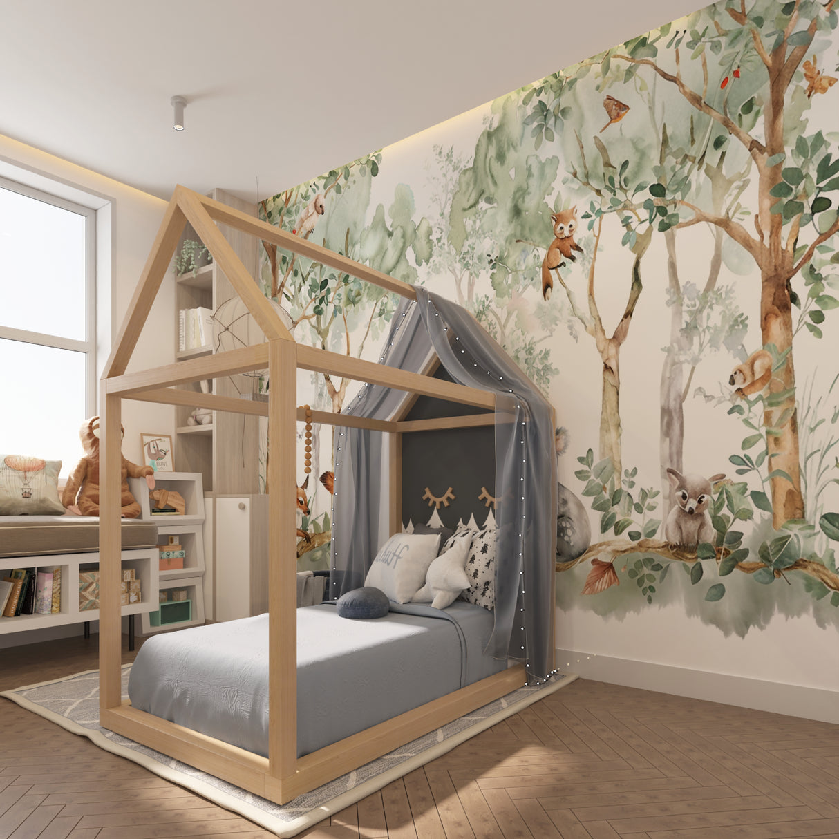 Woodland mural with deer and koala creating a calming atmosphere in a kids study area