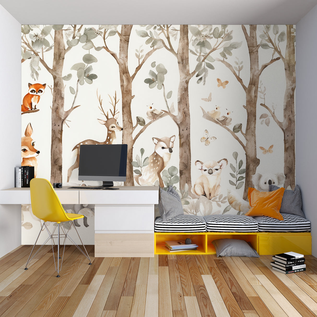 Woodland Animals Wallpaper creating a magical atmosphere in a modern nursery with white furniture