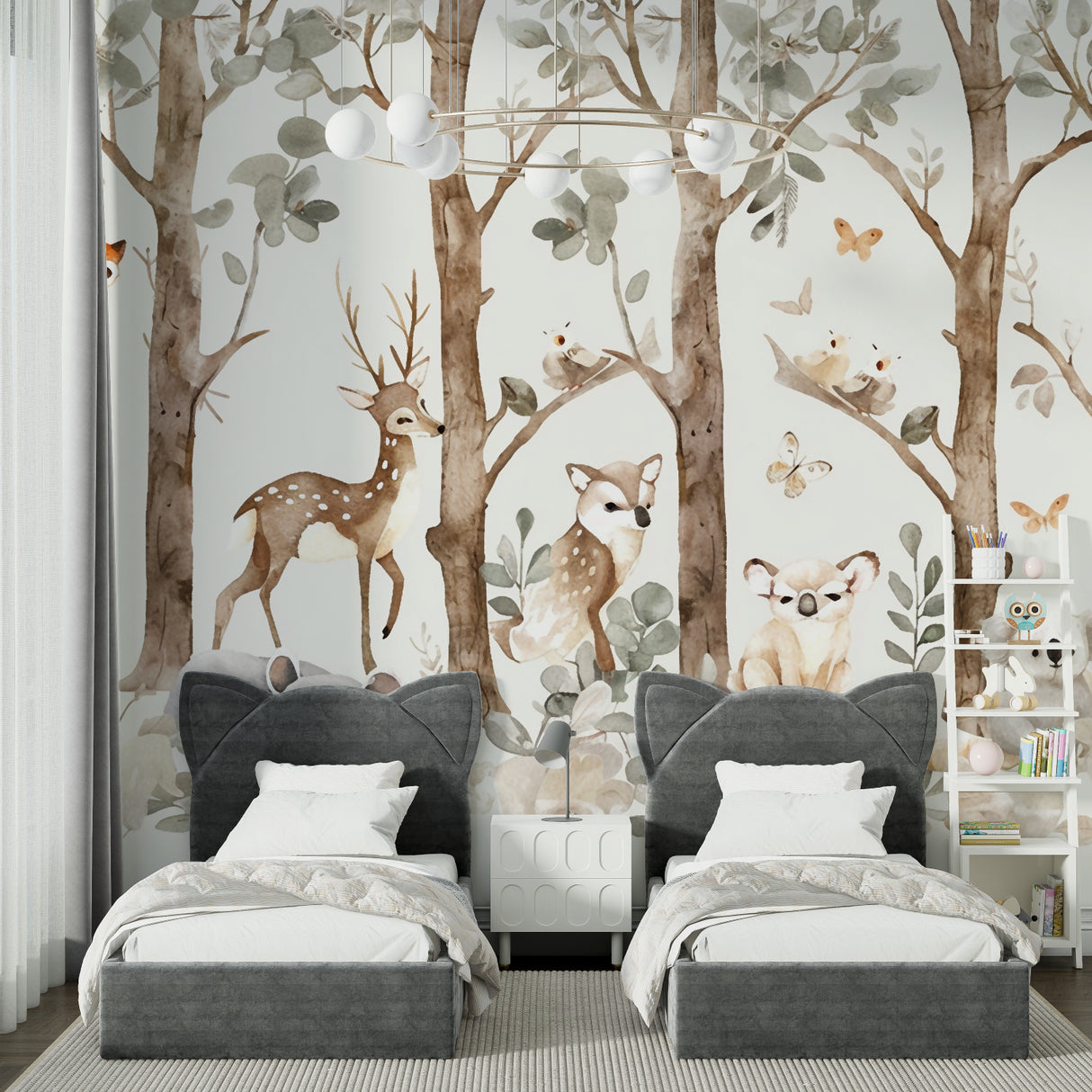 Watercolor Woodland Wallpaper in a playroom with natural wood accents