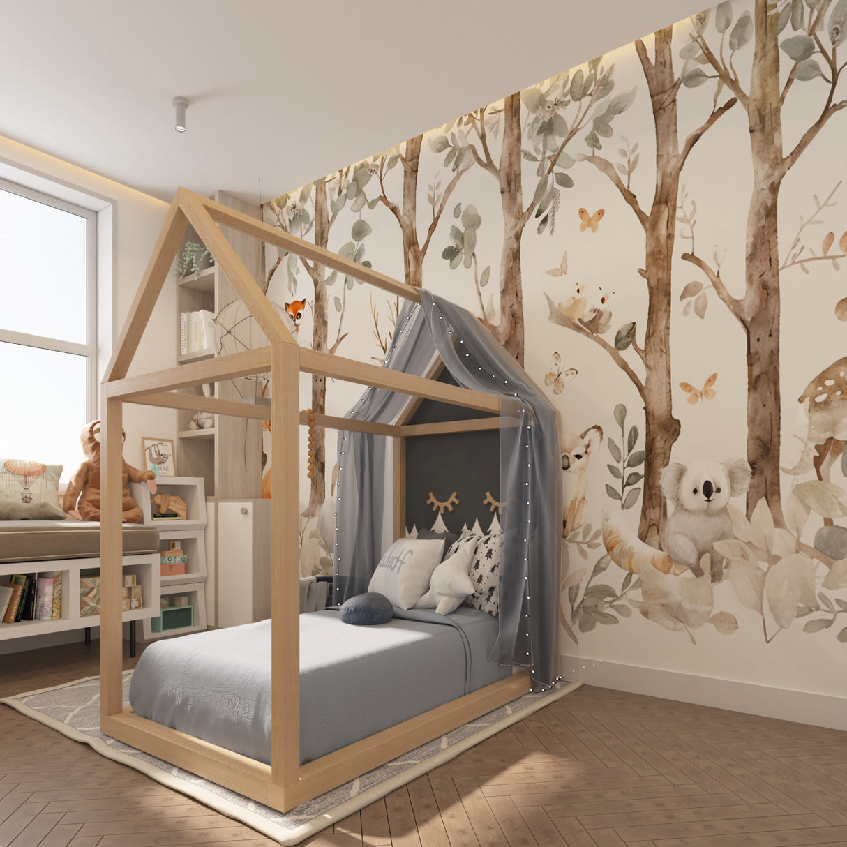 Forest Friends Wallpaper making a statement in a minimal Scandinavian kids room