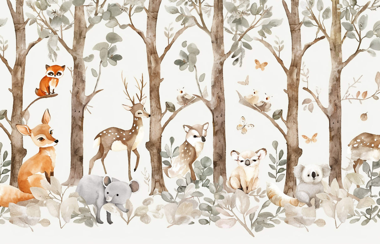 Woodland Animals Wallpaper design file showing detailed watercolor artwork and pattern layout