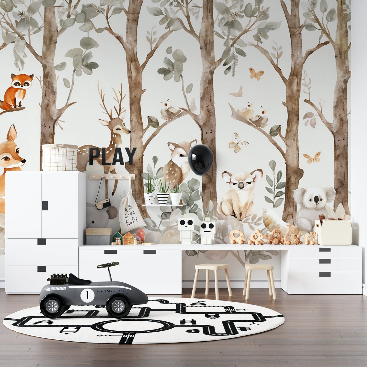 Forest Animals Wallpaper styled in a bright nursery with white furniture, showing fox and deer in soft watercolors