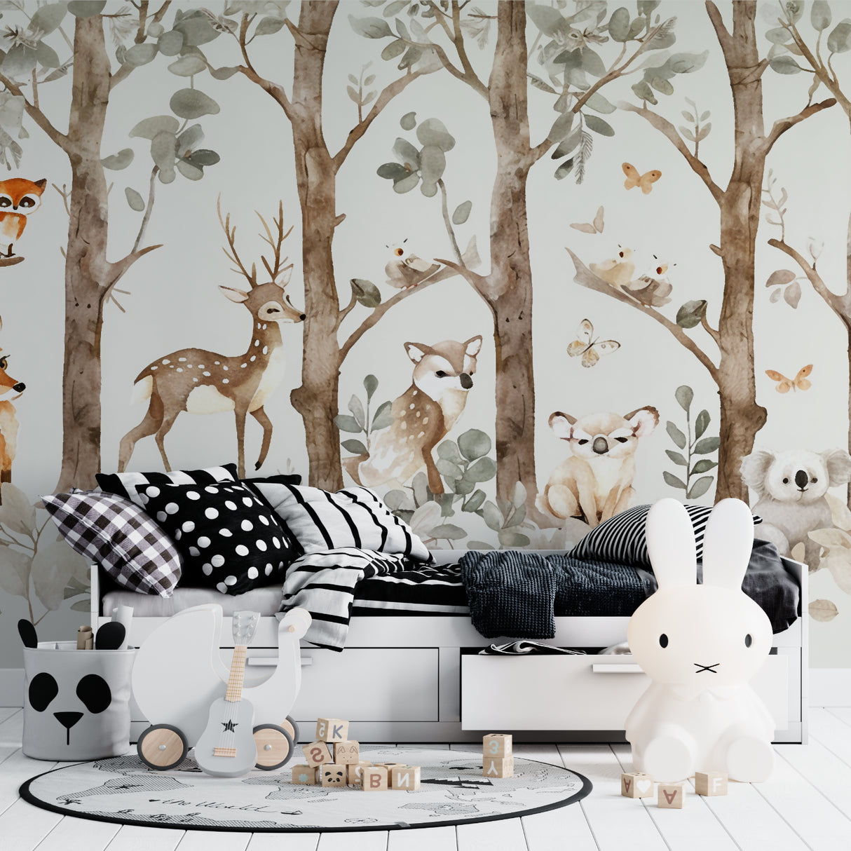 Woodland Animals Mural creating a cozy reading nook in a kids bedroom with natural lighting