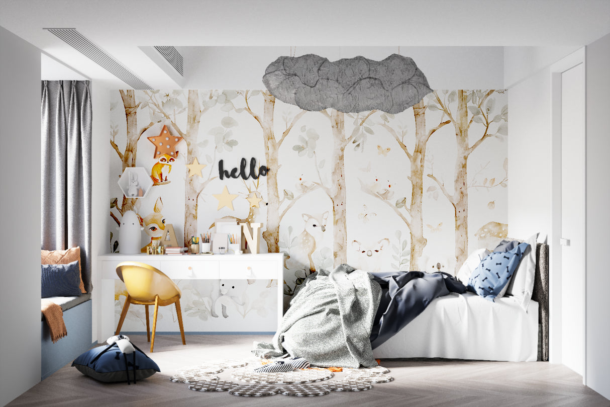 Forest Animals Wall Mural bringing charm to a playroom with wooden toys and natural decor